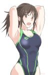  1girl armpits arms_behind_head arms_up bangs black_eyes black_hair blue_swimsuit breasts bright_pupils cleavage commentary competition_swimsuit ei_(akinosakae) eyebrows_visible_through_hair girls_und_panzer hair_up highleg highleg_swimsuit large_breasts light_blush long_hair looking_at_viewer murakami_(girls_und_panzer) one-piece_swimsuit open_mouth ponytail raised_eyebrows simple_background solo standing swimsuit twitter_username white_background white_pupils 