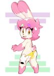  absurd_res amai_puwai_(character) anthro balls butt clothed clothing digital_media_(artwork) fur hair hi_res invalid_color lagomorph leporid looking_at_viewer male mammal open_mouth pink_hair pinknmilk rabbit simple_background smile solo underwear white_body white_fur yellow_eyes 