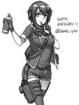  1girl bangs breasts cleavage dated ear_protection eyebrows_visible_through_hair gloves goggles goggles_around_neck greyscale gun hair_between_eyes handgun happy_birthday headset highres holding holster holstered_weapon jacket medium_breasts monochrome ndtwofives open_clothes open_jacket original pistol short_shorts short_sleeves shorts simple_background single_thighhigh solo spray_can thigh_holster thighhighs weapon white_background 