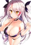  1girl absurdres artist_name azur_lane bad_anatomy bangs bare_arms bare_shoulders bikini bikini_pull black_bikini black_choker blush breasts choker collarbone commentary cowboy_shot eyebrows_visible_through_hair hair_between_eyes hands_up heart heart-shaped_pupils highres large_breasts long_hair looking_at_viewer mole mole_on_breast multicolored_hair nenobi_(nenorium) prinz_eugen_(azur_lane) prinz_eugen_(unfading_smile)_(azur_lane) red_hair signature silver_hair simple_background solo standing strap_pull streaked_hair swimsuit symbol-shaped_pupils thighs translated two_side_up very_long_hair white_background yellow_eyes 