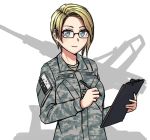  1girl ace_combat ace_combat_7 bangs black-framed_eyewear blonde_hair blue_eyes camouflage_jacket character_name clipboard closed_mouth deanna_mconie eyebrows_visible_through_hair glasses holding holding_pencil light_smile long_sleeves looking_at_viewer military_jacket monochrome_background ndtwofives parted_bangs pencil short_hair simple_background solo stonehenge_turret_network upper_body white_background 