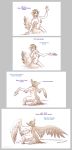  4_toes avian blush breasts claws comic dialogue digitigrade eyewear feathers female glasses hair harpy hindpaw human mammal navel nude paws short_hair simple_background solo strawberrytfs toe_claws toes transformation white_background winged_arms wings 
