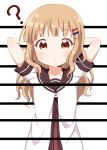  1girl ? blonde_hair brown_eyes commentary_request confused hair_ornament hairclip highres long_hair looking_at_viewer nanamori_school_uniform oomuro_sakurako open_mouth parted_lips rei_no_sen school_uniform serafuku simple_background solo usagi_koushaku yuru_yuri 