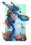  anthro athletic black_nose blonde_hair blue_body blue_fur blue_stripes canid canine canis convenient_censorship countershade_torso countershading detailed detailed_fur fangs fur green_eyes hair hybrid inner_ear_fluff long_hair looking_at_viewer lurelin male mammal narrowed_eyes navel neck_tuft nude scowl solo striped_body striped_fur stripes tail_censorship tuft white_body white_fur wolf 