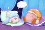  2019 blue_hair blush blush_stickers bodily_fluids clothing dream drooling eyes_closed female hair hair_over_eyes hat hatenna headgear headwear kirby_(series) nightcap nintendo pillow pok&eacute;mon pok&eacute;mon_(species) saliva sitting sleeping unknown_artist video_games waddling_head 