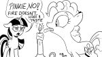  2019 black_and_white candle dialogue duo earth_pony english_text equid equine female feral fire friendship_is_magic hair horn horse mammal monochrome multicolored_hair my_little_pony pinkie_pie_(mlp) pony pony-berserker text twilight_sparkle_(mlp) unicorn 
