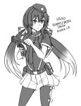  1girl bangs beret character_name closed_mouth dated eyebrows_visible_through_hair girls_frontline glock_17 glock_17_(girls_frontline) gradient_hair greyscale gun hair_between_eyes hair_ribbon handgun hat highres holding holding_gun holding_weapon long_hair low_twintails monochrome multicolored_hair ndtwofives necktie object_namesake pistol pleated_skirt ribbon shirt short_sleeves simple_background skirt solo thighhighs twintails very_long_hair weapon white_background 