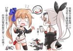  3girls =3 anger_vein angry artist_name bangs black_bow blouse blue_bow blush_stickers bow brown_eyes brown_hair bunny_hair_ornament chinese_commentary chinese_text commentary_request crescent crescent_earrings crying crying_with_eyes_open dinergate_(girls_frontline) dress earrings eyebrows_visible_through_hair fal_(girls_frontline) fatkewell ferret firing five-seven_(girls_frontline) flying_sweatdrops girls_frontline gun hair_ornament handgun high_ponytail jacket jewelry long_hair mink multiple_girls nun o_o off-shoulder_dress off-shoulder_jacket off_shoulder p7_(girls_frontline) pistol ponytail side_ponytail silver_hair single_thighhigh sleeveless_blouse tears thigh_strap thighhighs weapon white_background 