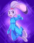  2016 abstract_background anthro barefoot breasts buckteeth cheek_tuft clothed clothing digital_media_(artwork) dipstick_ears disney facial_tuft female fizzy-dog fully_clothed judy_hopps lagomorph leporid mammal metroid multicolored_ears nintendo open_mouth pink_nose purple_background purple_eyes rabbit simple_background solo teeth tongue tuft video_games zero_suit zootopia 