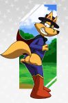 anthro boots bottomwear butt canid canine cape clothed clothing footwear fox fur grin half-closed_eyes hat headgear headwear kaiketsu_zorori lkiws looking_back male mammal mask narrowed_eyes pants pants_down partially_clothed shirt smile solo topwear undressing whiskers zorori 