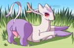  2019 animal_genitalia anus balls blush butt digital_media_(artwork) erection feral fur grass looking_at_viewer looking_back male mammal mienshao nintendo nude nulloffset outside penis pok&eacute;mon pok&eacute;mon_(species) presenting presenting_hindquarters simple_background solo tapering_penis video_games 