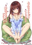  1girl bare_shoulders barefoot blush bra_strap breasts brown_hair camisole cleavage cushion hairband jewelry knees_up long_hair mishima_akari onaji_class_no_idol-san._around_me_is_full_by_a_celebrity. pendant petals purple_eyes sitting skirt smile solo unasaka_ryou 