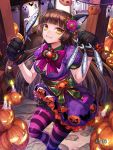  1girl animal_ears bat box_(hotpppink) breasts cleavage costume dress fish flower ghost hair_flower hair_ornament halloween halloween_costume jack-o&#039;-lantern long_hair official_art original pumpkin purple_dress sengoku_kishin_valkyrie yellow_eyes 