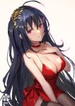  1girl ahoge azur_lane bare_arms bare_shoulders between_legs black_hair blush breasts brown_legwear choker cleavage cocktail_dress collarbone dress grin hair_ornament hand_on_own_chest highres large_breasts long_hair looking_at_viewer one_side_up rainmood red_dress red_eyes sidelocks simple_background sitting sleeveless sleeveless_dress smile solo spaghetti_strap taihou_(azur_lane) taihou_(forbidden_feast)_(azur_lane) thighhighs very_long_hair white_background 