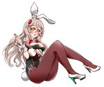  1girl adapted_costume alternate_costume animal_ears black_leotard bottle bow bowtie breasts brown_eyes brown_legwear bunny_ears bunny_tail bunnysuit cleavage commentary_request detached_collar full_body grey_hair high_heels kantai_collection leotard medium_breasts pantyhose pola_(kantai_collection) red_neckwear simple_background sitting solo strapless strapless_leotard tail uzuki_kosuke wavy_hair white_background white_footwear wrist_cuffs 