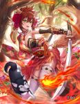  1girl animal armor box_(hotpppink) breasts cleavage dog dress fire flower green_eyes hair_flower hair_ornament holding holding_sword holding_weapon japanese_armor japanese_clothes katana kimono large_breasts official_art original red_hair ribbon sengoku_kishin_valkyrie short_kimono sword weapon white_legwear 