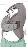  badger badgerclops belly bitnarukami blep bottomwear cartoon_network clothing cybernetics cyborg eye_patch eyewear invalid_tag machine mammal mao_mao:_heroes_of_pure_heart mirror musclegut mustelid musteline navel overweight phone selfie shorts tongue tongue_out 