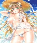  at_classics blonde_hair breasts green_eyes hat large_breasts long_hair looking_at_viewer original outdoors smile straw_hat thick_thighs thighs very_long_hair 