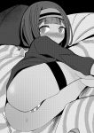  1girl absurdres ass bangs blush commentary_request dark_skin eyebrows_visible_through_hair greyscale hairband highres knees_up long_sleeves looking_at_viewer lying monochrome no_pants nose_blush on_side original panties shirt solo striped striped_panties sweat thigh_strap toy_box-r underwear 