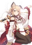  animal_ears black_legwear blonde_hair dog_ears dog_girl dog_tail erune granblue_fantasy highres holding holding_weapon katana looking_at_viewer pantyhose rktsm rope sheath shimenawa short_hair sideless_outfit smile sword tail unsheathed vajra_(granblue_fantasy) weapon yellow_eyes 