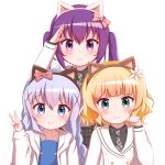  3girls animal_ears arm_up bangs black_shirt blazer blonde_hair blue_dress blue_eyes blue_hair blush bow braid brown_hairband cat_ears closed_mouth collarbone collared_shirt commentary_request dress eyebrows_visible_through_hair fake_animal_ears flower gochuumon_wa_usagi_desu_ka? goth_risuto green_eyes grey_neckwear grey_skirt hair_between_eyes hair_bow hair_flower hair_ornament hairband hand_up hood hood_down hooded_jacket jacket kafuu_chino kafuu_chino&#039;s_school_uniform kirima_sharo long_hair low_twintails multiple_girls necktie open_clothes open_jacket paw_pose plaid plaid_neckwear plaid_skirt purple_eyes purple_hair red_bow school_uniform shirt skirt smile striped striped_bow tedeza_rize tedeza_rize&#039;s_school_uniform twin_braids twintails upper_body v white_background white_flower white_jacket x_hair_ornament 