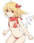  1girl ahoge bangs bare_arms bare_shoulders bikini blonde_hair blush bow breasts commentary_request cowboy_shot eyebrows_visible_through_hair flandre_scarlet hair_between_eyes hair_bow looking_at_viewer miyo_(ranthath) navel one_side_up red_bikini red_bow red_eyes red_scarf scarf short_hair side-tie_bikini simple_background small_breasts solo stomach sweat swimsuit thighs touhou white_background wings 