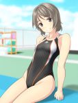  1girl absurdres black_eyes black_swimsuit blue_sky blurry breasts cloud collarbone commentary_request competition_swimsuit depth_of_field fence grey_hair highleg highleg_swimsuit highres looking_at_viewer one-piece_swimsuit original outdoors parted_lips rack short_hair sitting sky small_breasts smile solo swimsuit takafumi wavy_hair 