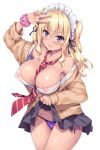  &gt;:) 1girl akizora_momiji arm_up armpits bangs bare_shoulders between_breasts black_skirt blonde_hair blush breasts brown_cardigan cameltoe cardigan cleavage closed_mouth collarbone commentary_request cowboy_shot dark_skin eyebrows_visible_through_hair frills gyaru highres kogal large_breasts lifted_by_self long_sleeves maid_headdress miniskirt nail_polish necktie necktie_between_breasts nipples no_bra off_shoulder open_cardigan open_clothes open_shirt original panties pleated_skirt purple_eyes purple_panties red_nails red_neckwear scrunchie see-through shirt side-tie_panties simple_background skirt skirt_lift sleeves_past_wrists smile solo striped striped_neckwear sweat thighs underwear upskirt wavy_hair wet wet_clothes wet_shirt white_background wrist_scrunchie 