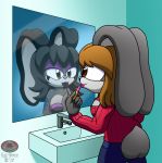  absurd_res bathroom cleavage_cutout clothing goth hair hi_res keyhole_turtleneck lagomorph leporid lipstick makeup mammal mirror rabbit shadowwalk sink sweater topwear 