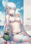  1girl anastasia_(fate/grand_order) bangs banned_artist bare_legs bare_shoulders barefoot beach bikini bird blue_eyes blue_hair blue_ribbon blush breasts cleavage cloud cloudy_sky collar collarbone commentary_request crown day doll eyebrows_visible_through_hair fate/grand_order fate_(series) flower hair_between_eyes hair_ornament kyoeiki large_breasts long_hair looking_at_viewer multi-strapped_bikini navel ocean outdoors parted_lips red_flower red_rose ribbon rose side-tie_bikini sitting sky smile solo sparkle stomach swimsuit underboob very_long_hair wariza white_bikini 