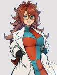  1girl android_21 blue_eyes breasts checkered checkered_dress dragon_ball dragon_ball_fighterz dress earrings glasses grey_background hands_in_pockets hoop_earrings jewelry kemachiku labcoat large_breasts long_hair looking_at_viewer red_hair simple_background smile solo 