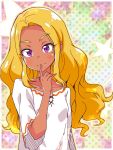  1girl amamiya_erena blonde_hair blouse choker collarbone commentary_request dark_skin eyes_visible_through_hair finger_to_mouth hair_down highres long_hair looking_at_viewer mole mole_under_eye polka_dot polka_dot_background precure purple_choker purple_eyes shiny shiny_hair shiny_skin shirotae_(robamimi) shushing smile solo star star_twinkle_precure starry_background upper_body wavy_hair 