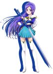  1girl absurdres aono_miki bangs blue_eyes blue_hairband blue_shirt blue_skirt boots closed_mouth cosplay floating_hair fresh_precure! full_body hairband hand_on_hip highres holding holding_sword holding_weapon long_hair long_sleeves looking_at_viewer magic_knight_rayearth miniskirt niita parted_bangs pleated_skirt precure purple_hair ryuuzaki_umi ryuuzaki_umi_(cosplay) shiny shiny_hair shirt shoulder_armor simple_background skirt smile solo standing sword thigh_boots thighhighs very_long_hair weapon white_background white_footwear zettai_ryouiki 