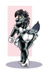  bodysuit clothing ear_piercing ear_ring hyaenid lockheedskunk looking_back maid_uniform mammal piercing rubber skinsuit tight_clothing toony uniform yellow_eyes 