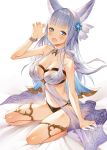  1girl :o animal_ears anklet bare_shoulders barefoot black_bikini_bottom blue_eyes breasts choker claw_pose cleavage collarbone erune fang granblue_fantasy hair_ornament halterneck hand_up highres jewelry korwa large_breasts long_hair looking_at_viewer navel open_mouth see-through seiza silver_hair sitting solo stomach thighs very_long_hair white_background white_bikini_top ziko 