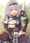  1girl absurdres armor belt black_gloves black_thighhighs blush breasts brown_belt chest_belt cleavage commentary_request fingerless_gloves gauntlets gloves green_eyes grey_hair hand_on_own_thigh headpiece highres hololive large_breasts loincloth looking_at_viewer medium_hair mole mole_on_breast open_mouth shirogane_noel shirogane_noel_(1st_costume) smile solo squatting thighhighs tonarikeru virtual_youtuber wavy_hair white_loincloth 