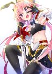  1boy anemone_noa astolfo_(fate) astolfo_(saber)_(fate) bangs bare_shoulders black_bow black_gloves black_legwear black_ribbon blush bow bowtie commentary_request eyebrows_visible_through_hair fang fate_(series) gloves hair_bow hair_intakes hair_ribbon holding holding_sword holding_weapon long_hair long_sleeves looking_at_viewer multicolored_hair navel otoko_no_ko pantyhose pink_hair purple_eyes ribbon simple_background skin_fang smile solo streaked_hair sword twintails v weapon white_background white_hair 