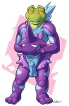  2019 3_toes amphibian anthro badroy blue_penis bodysuit clothed clothing costume digital_drawing_(artwork) digital_media_(artwork) erection frog glistening low_key_toxtricity male nintendo penis pok&eacute;mon pok&eacute;mon_(species) reptile rubber scalie simple_background skinsuit smile solo spikes tight_clothing toes toxtricity video_games yellow_eyes yellow_sclera 