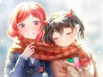  2girls black_hair blue_coat blush bow brown_coat closed_eyes closed_mouth coat hair_bow long_sleeves looking_at_another love_live! love_live!_school_idol_project megumi_cv multiple_girls nishikino_maki plaid plaid_scarf purple_eyes red_bow red_hair red_scarf scarf shared_scarf short_hair smile twintails yazawa_nico 