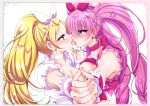  2girls blonde_hair blue_eyes blush breast_press breasts choker cure_melody cure_rhythm earrings eye_contact eyebrows_visible_through_hair green_eyes hair_between_eyes hairband heart heart_earrings highres holding_hands houjou_hibiki interlocked_fingers jewelry large_breasts long_hair looking_at_another magical_girl minamino_kanade multiple_girls noyuki1204 pink_hair ponytail precure red_choker red_hairband saliva suite_precure symmetrical_docking tongue tongue_out twintails upper_body white_background white_choker white_hairband yuri 