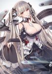  1girl aircraft azur_lane bangs bare_shoulders between_breasts black_dress black_nails breasts cleavage closed_mouth collarbone dress dress_lift earrings eyebrows_visible_through_hair formidable_(azur_lane) frilled_dress frills grey_hair hair_ribbon head_tilt highres jewelry large_breasts lifted_by_self long_hair long_sleeves looking_at_viewer red_eyes ribbon smile solo twintails two-tone_dress two-tone_ribbon very_long_hair yuko_(uc_yuk) 