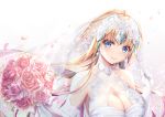  1girl alternate_costume bangs blonde_hair blue_eyes blush bouquet breasts bridal_veil bride cleavage closed_mouth collarbone dress earrings elbow_gloves eyebrows_visible_through_hair fate/grand_order fate_(series) flower geko glint gloves headpiece holding holding_bouquet jeanne_d&#039;arc_(fate) jeanne_d&#039;arc_(fate)_(all) jewelry long_hair looking_at_viewer petals pink_flower pink_rose rose rose_petals sleeveless sleeveless_dress smile solo upper_body veil very_long_hair wedding_dress white_dress white_gloves 