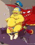  anal anal_fingering balls black_eyes blue_hair bodily_fluids chief_wiggum clothing cum demon digital_media_(artwork) duo erection fingering genital_fluids hair hi_res human humanoid_penis lovkuma male male/male mammal moe_szyslak muscular muscular_male nude overweight penis questionable_consent red_body red_skin sex smile the_simpsons wings yellow_body yellow_skin 