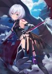  1girl ass bandaged_arm bandages bangs bare_shoulders black_gloves black_legwear black_panties dual_wielding eyebrows_visible_through_hair facial_scar fate/apocrypha fate/grand_order fate_(series) from_behind gloves green_eyes grey_hair highres holding jack_the_ripper_(fate/apocrypha) looking_at_viewer panties scar scar_across_eye scar_on_cheek short_hair single_glove solo tattoo thighhighs underwear yongheng_zhi_wu 