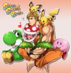  ? blonde_hair blue_eyes brown_footwear crossover dougi flower_pot highres kirby kirby_(series) mario_(series) miru_(mill_36) on_head on_shoulder pichu pikachu piranha_plant pokemon ryou_sakazaki ryuuko_no_ken short_hair super_smash_bros. yoshi 