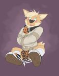  2019 anthro avery_(vir-no-vigoratus) ball_gag blush briefs bulge canid canine canis clothed clothing digital_drawing_(artwork) digital_media_(artwork) domestic_dog fur gag hair herding_dog male mammal pastoral_dog purple_background simple_background solo straitjacket tan_body tan_fur tongue underwear vir-no-vigoratus welsh_corgi 