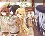  5girls :d animal_ears animal_hat aran_sweater bangle bangs beanie beret black_dress black_headwear black_legwear black_skirt blonde_hair blue_eyes blue_hair blush bracelet brown_coat brown_eyes brown_hair brown_headwear brown_shorts brown_sweater closed_mouth coat collared_shirt commentary_request dress eyebrows_visible_through_hair fake_animal_ears grey_jacket grey_shirt grey_skirt hair_between_eyes hair_ornament hand_on_another&#039;s_shoulder hat holding jacket jewelry long_hair long_sleeves multiple_girls necktie open_mouth orange_neckwear original parted_lips pennant pleated_skirt profile purple_hair shirt short_shorts shorts skirt sleeves_past_wrists smile string_of_flags sweater thighhighs very_long_hair white_hair wide_sleeves x_hair_ornament yuuhagi_(amaretto-no-natsu) 