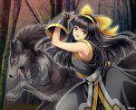  1girl ainu ainu_clothes black_hair bow fingerless_gloves forest gloves hairband highres long_hair miru_(mill_36) murasaki_nakoruru nakoruru nature samurai_spirits shikuru wolf yellow_bow 