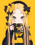  1girl abigail_williams_(fate/grand_order) bangs black_bow black_headwear black_sweater blonde_hair blue_eyes blush bow butterfly_tattoo coffee_mug cup drinking fate/grand_order fate_(series) forehead hair_bow hat highres keyhole long_hair long_sleeves looking_at_viewer mug multiple_bows nail_polish parted_bangs polka_dot polka_dot_bow simple_background solo sparkle striped striped_sweater sweater symbol-shaped_pupils tattoo tyureu yellow_background yellow_bow yellow_nails 