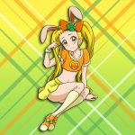  1girl animal_ears arm_support blonde_hair bow bunny_ears character_request closed_mouth collarbone crop_top gradient gradient_background green_background hair_bow heart heart_print long_hair midriff miniskirt navel niita orange_bow orange_shirt pleated_skirt precure print_shirt shiny shiny_hair shirt short_sleeves sitting skirt smile solo stomach twintails very_long_hair wristband yellow_background yellow_eyes yellow_skirt 